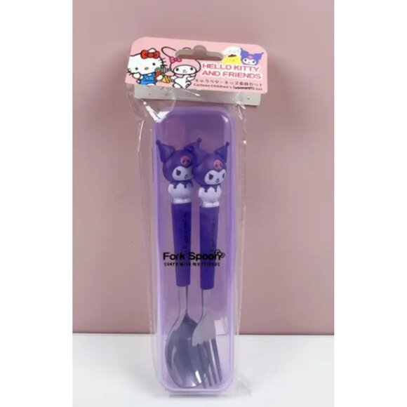 Hello Kitty & Kuromi Full-Size Utensil Set 2-Pc Fork & Spoon Clear Storage Case - Picture 1 of 3